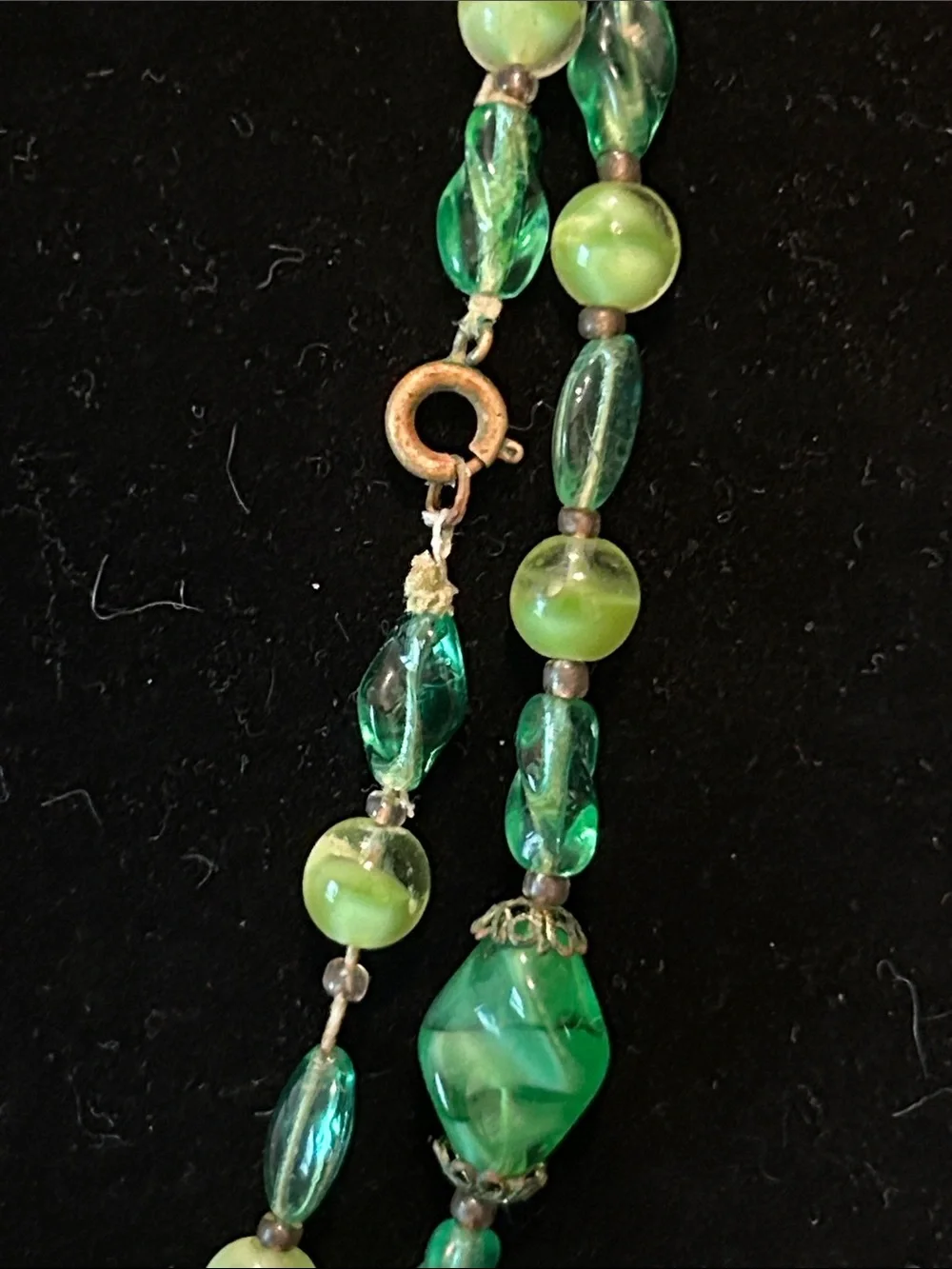 Czech Green Lamp Glass Bead Necklace with Brass Filigree Caps
